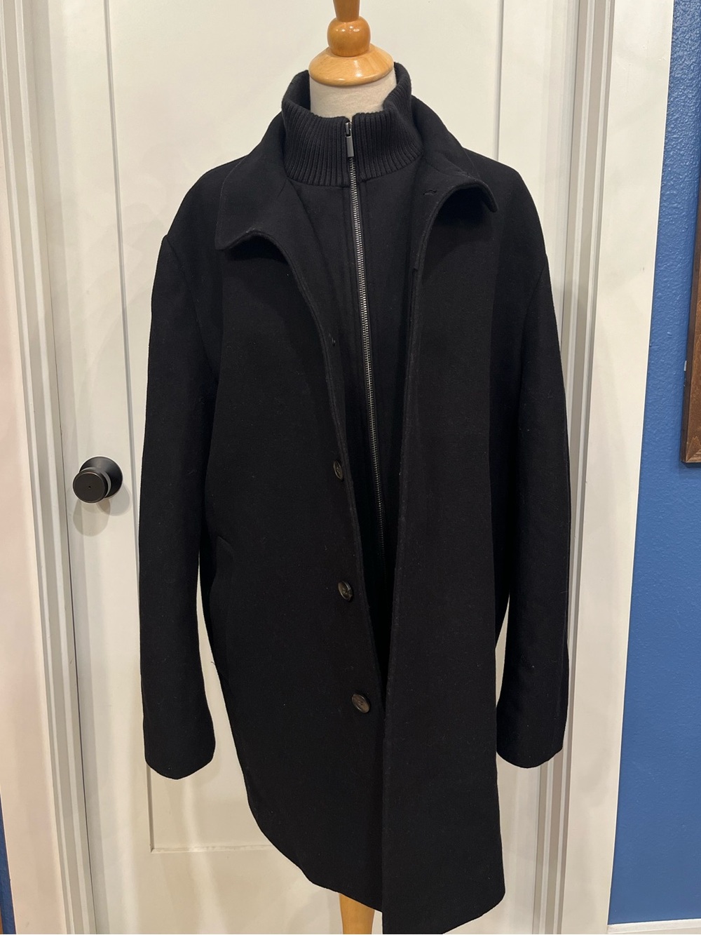 Men's Black Wool Blend Pea Coat with Zip-Front Inner Layer Double Mock Neck